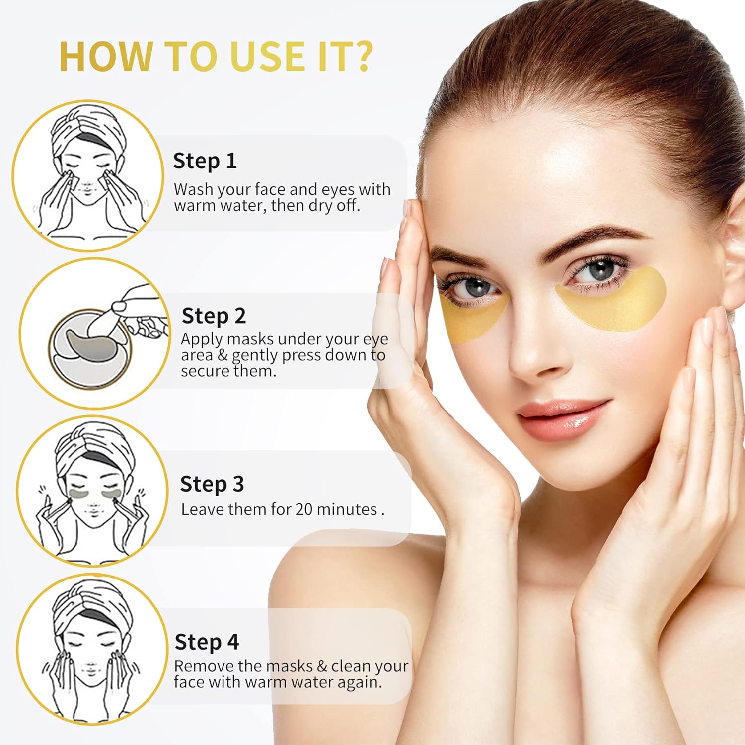 24K Gold Under Eye Patches - 60 Pack for Puffy Eyes, Dark Circles, Bags & Wrinkles with Collagen & Hyaluronic Acid